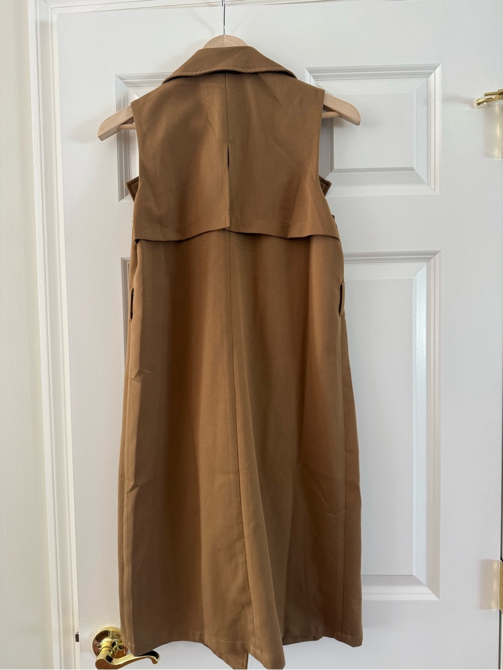 French Mauve Camel Long Sleeveless Duster Trench Vest Jacket Size S - Picture 5 of 7